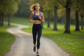 Jeune femme courant dans un parc verdoyant en leggings