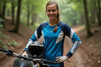 Jeune femme en gear motocross avec moto en forêt