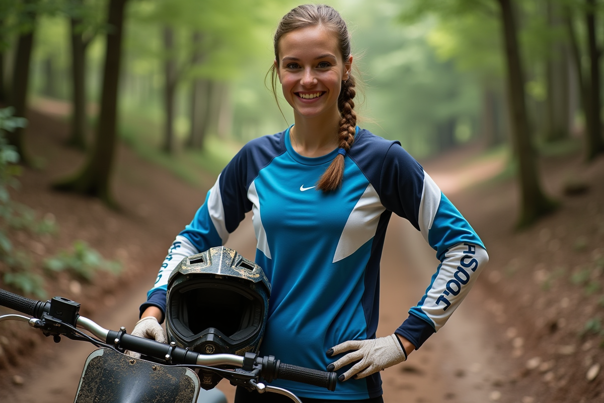 Jeune femme en gear motocross avec moto en forêt