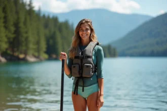Jeune femme souriante sur un paddle au bord du lac