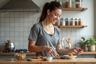 Jeune femme souriante choisissant des encas sains dans la cuisine