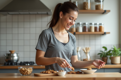 Jeune femme souriante choisissant des encas sains dans la cuisine