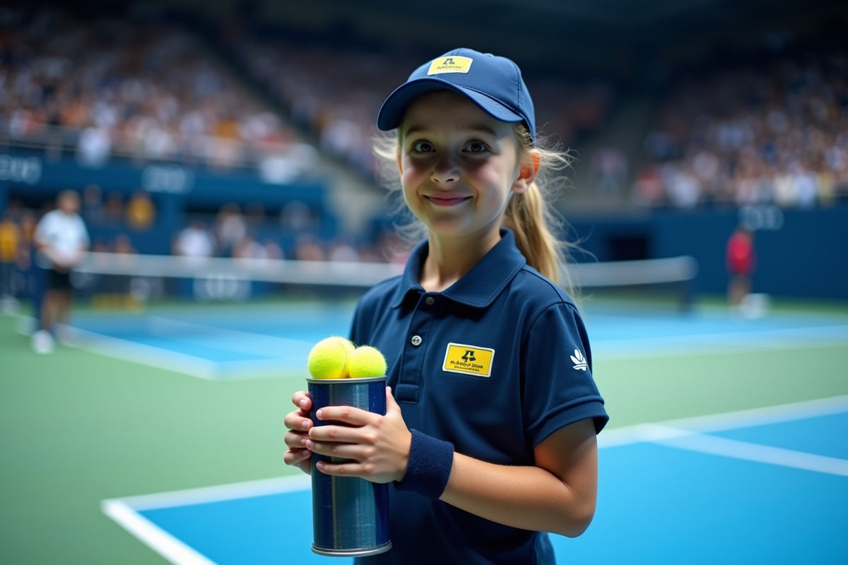 Jeune fille en uniforme navy tenant une canette de tennis dans une salle