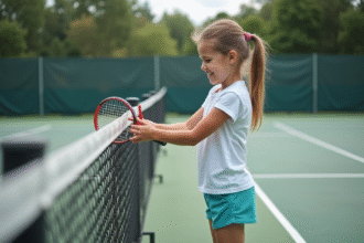 Jeune fille choisissant un racket de tennis sur un court extérieur