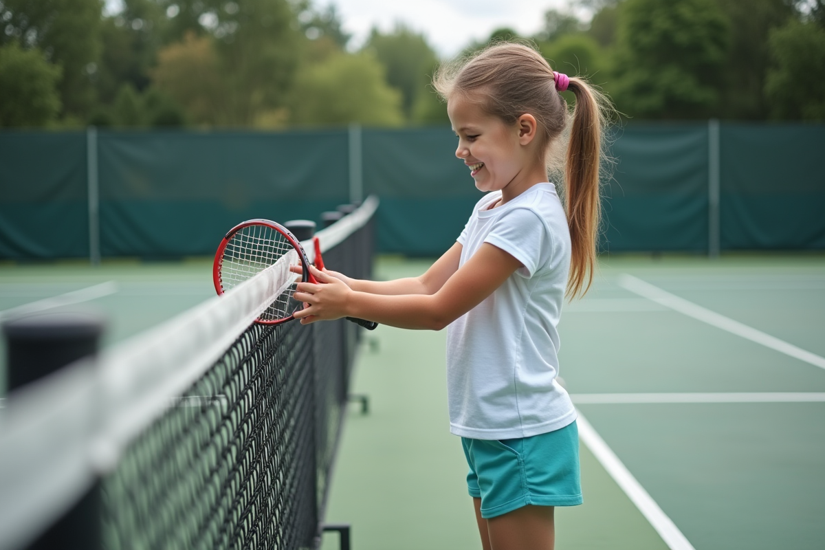 Jeune fille choisissant un racket de tennis sur un court extérieur