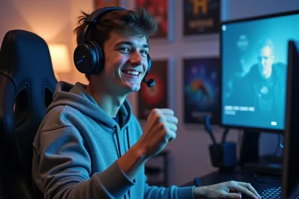 Jeune homme en hoodie et casque gaming en pleine victoire