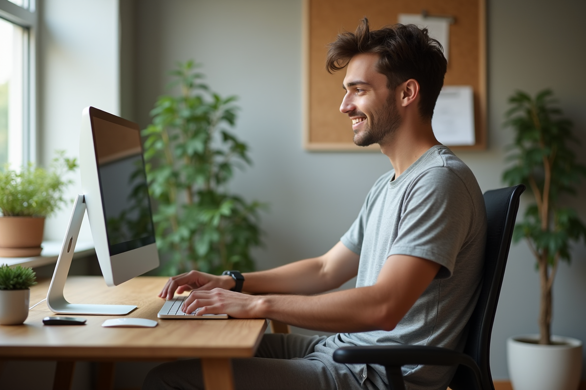 Jeune homme assis à son bureau en posture correcte