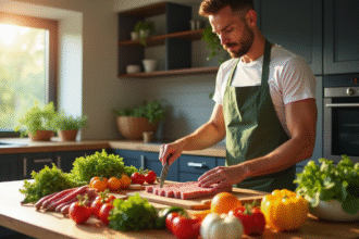 Jeune homme en forme préparant un repas sain dans une cuisine moderne