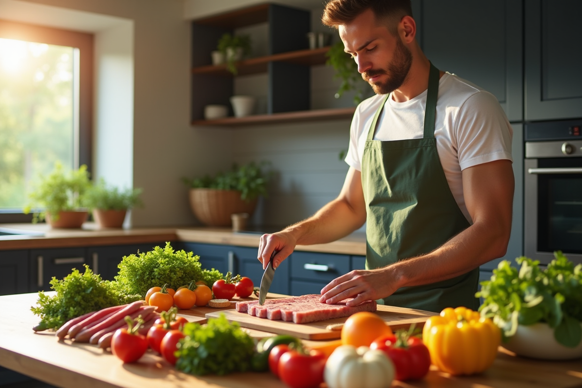 Jeune homme en forme préparant un repas sain dans une cuisine moderne