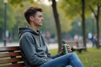 Jeune homme fatigué assis sur un banc de parc
