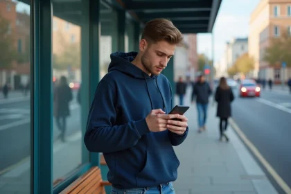 Jeune homme vérifiant scores football sur smartphone en ville