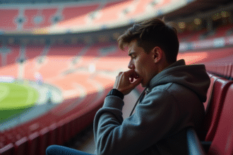 Jeune homme assis seul dans un stade vide lors d'un match