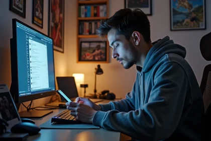 Jeune homme concentré sur son téléphone dans sa chambre