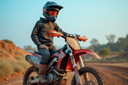 Jeune pilote motocross debout avec son bike en pleine nature