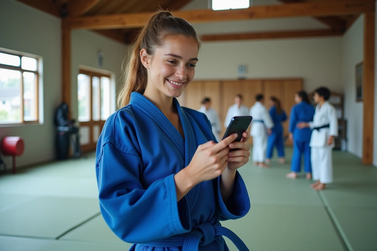 Jeune pratiquante de judo en gi bleu utilisant son smartphone