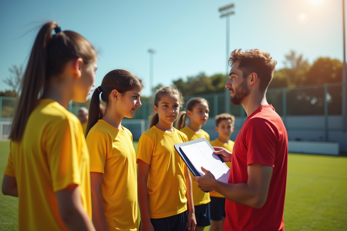 Jeunes athlètes en plein entraînement en extérieur avec coach