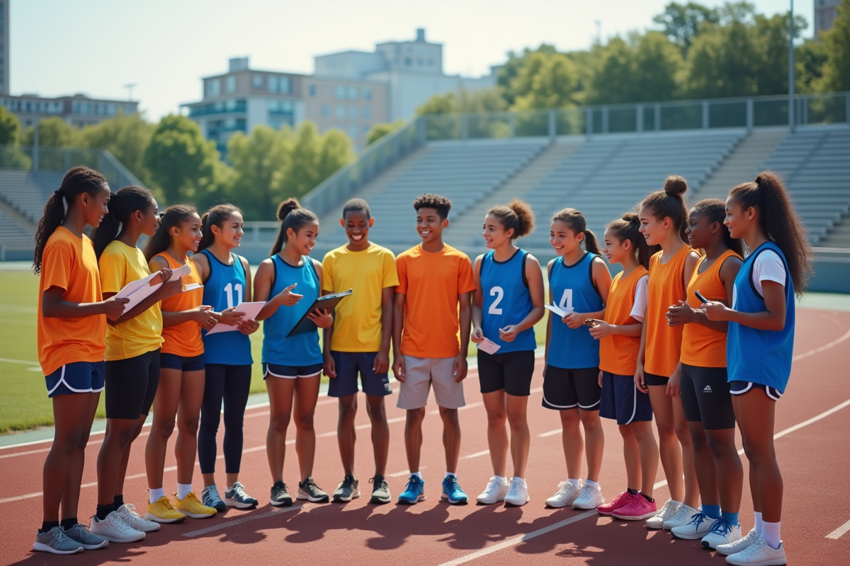 Groupe de jeunes sportifs en tenue colorée en huddle sur la piste
