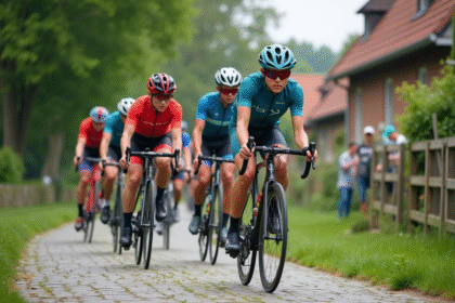 Groupe de jeunes cyclistes belges en course sur un chemin rural