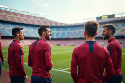 Jeunes footballeurs barcelonais en discussion sur le terrain