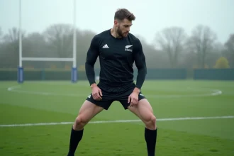 Joueur des All Blacks en train de s'étirer lors d'un échauffement sur un terrain d'entraînement professionnel avant un test-match