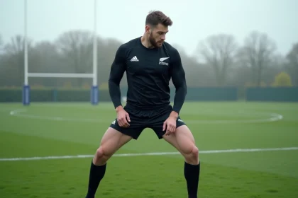 Joueur des All Blacks en train de s'étirer lors d'un échauffement sur un terrain d'entraînement professionnel avant un test-match