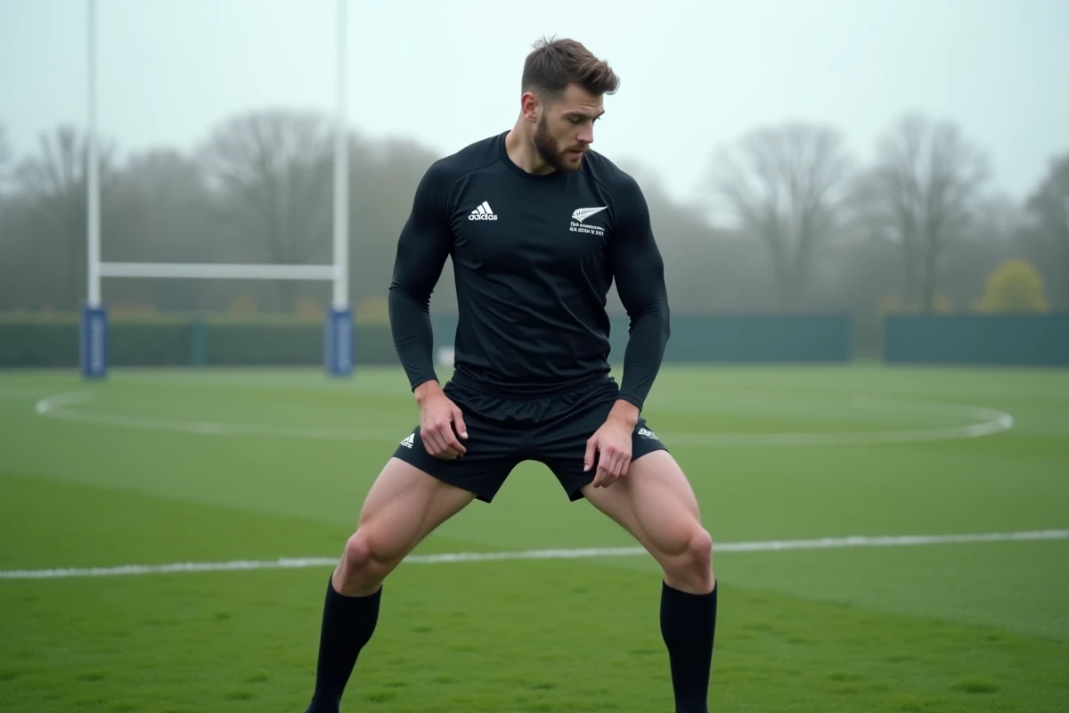 Joueur des All Blacks en train de s'étirer lors d'un échauffement sur un terrain d'entraînement professionnel avant un test-match