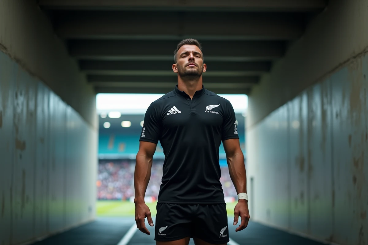 Joueur des All Blacks concentré dans le tunnel du stade juste avant l'entrée sur le terrain pour un test-match