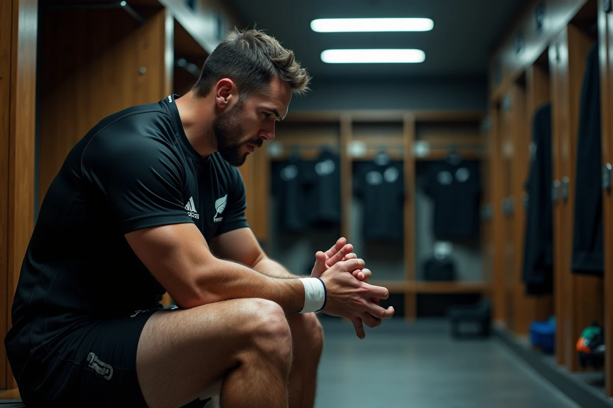 Joueur des All Blacks se bandant les poignets dans le vestiaire avant un test-match de rugby