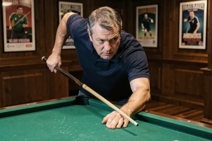 Joueur de billard concentré préparant un tir stratégique dans un club de compétition