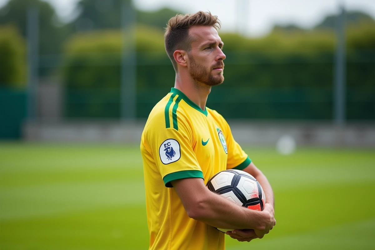 Joueur du FC Nantes en maillot jaune et vert regardant au loin sur le terrain d'entraînement, évoquant une possible rumeur de transfert en 2026