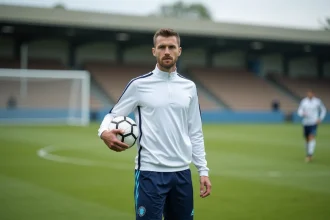 Joueur de football en National 2 en tenue d'entraînement tenant un ballon sur un terrain semi-professionnel