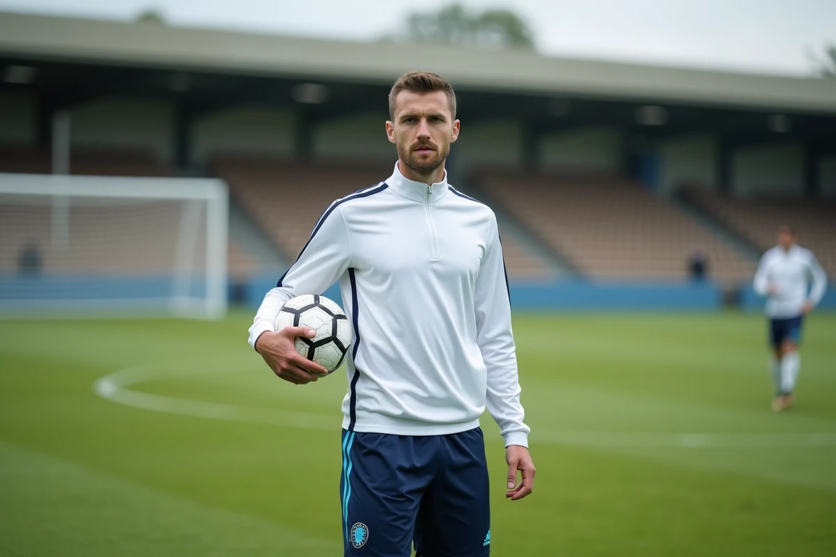Joueur de football en National 2 en tenue d'entraînement tenant un ballon sur un terrain semi-professionnel