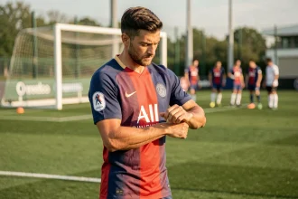Joueur du PSG en tenue d'entraînement sur le terrain du centre d'entraînement de Saint-Germain-en-Laye, janvier 2026