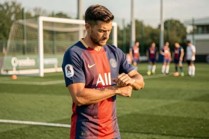 Joueur du PSG en tenue d'entraînement sur le terrain du centre d'entraînement de Saint-Germain-en-Laye, janvier 2026