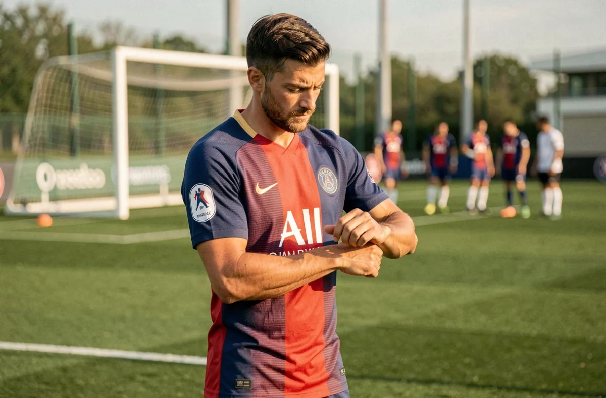 Joueur du PSG en tenue d'entraînement sur le terrain du centre d'entraînement de Saint-Germain-en-Laye, janvier 2026