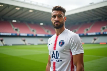 Joueur de football professionnel en maillot PSG sur la pelouse d'un stade, illustrant les salaires élevés du Paris Saint-Germain en 2026