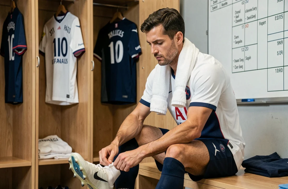 Joueur du PSG dans le vestiaire du Parc des Princes, lacant ses crampons avant un match de la saison 2025-2026