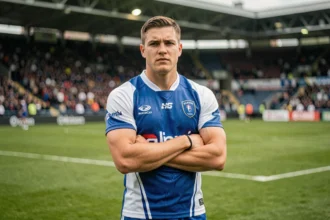Joueur de rugby professionnel en maillot bleu et blanc sur un terrain de rugby avec un stade en arrière-plan flou