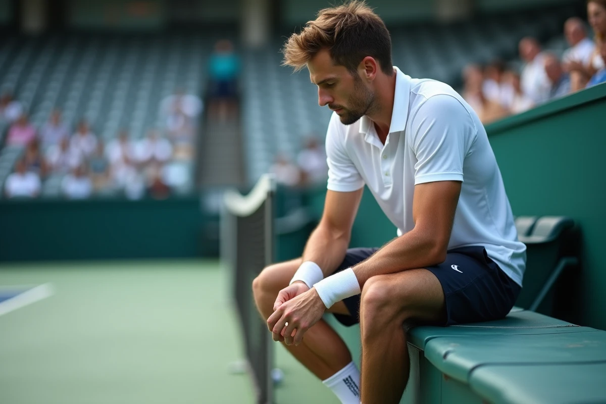 Joueur de tennis professionnel assis en bord de court avec la cheville bandée, illustrant l'impact des blessures sur le classement ATP