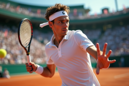 Jeune joueur de tennis en action sur terre battue lors d'un match intense