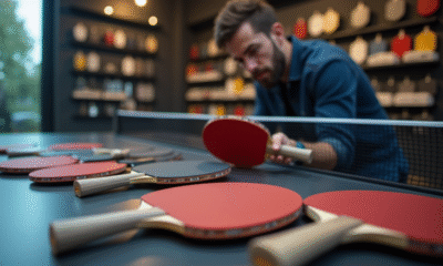Joueur de tennis de table examinant des raquettes haut de gamme