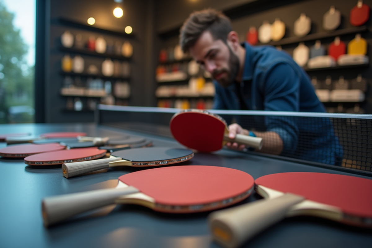 Joueur de tennis de table examinant des raquettes haut de gamme