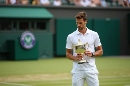 Joueur de tennis professionnel tenant le trophée de Wimbledon sur le court en gazon, illustrant le prize money record du tournoi 2026
