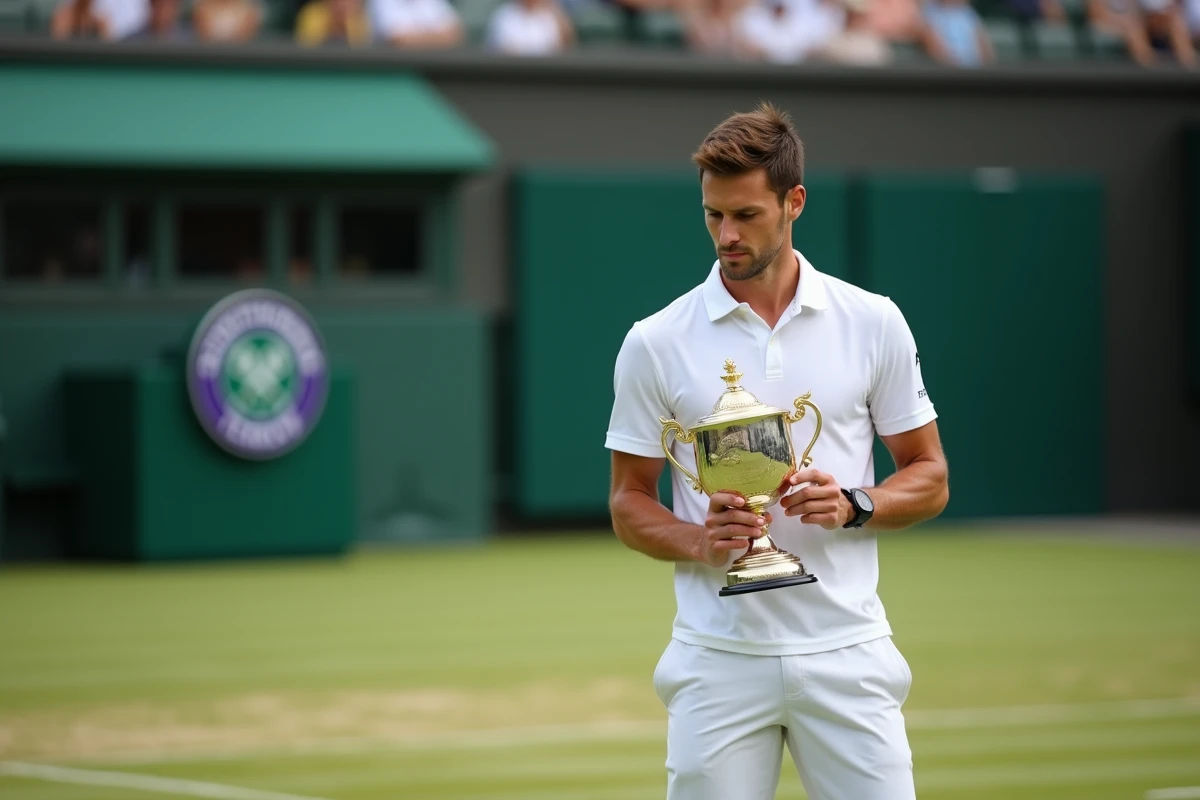 Joueur de tennis professionnel tenant le trophée de Wimbledon sur le court en gazon, illustrant le prize money record du tournoi 2026