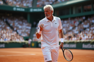 Joueur de tennis homme en action sur terre battue victoire