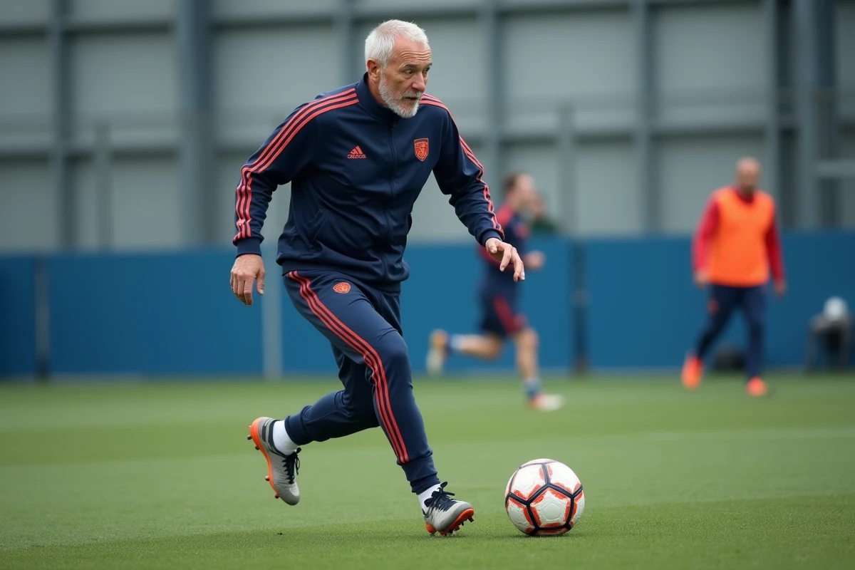 Joueur senior en action trapant un ballon de football