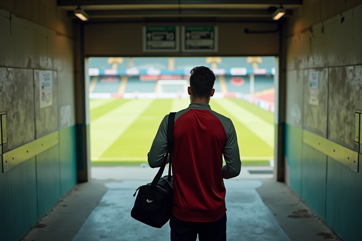 Joueur de football dans le tunnel d'un stade avec son sac de sport, symbolisant un départ ou une arrivée lors du mercato de Valenciennes FC