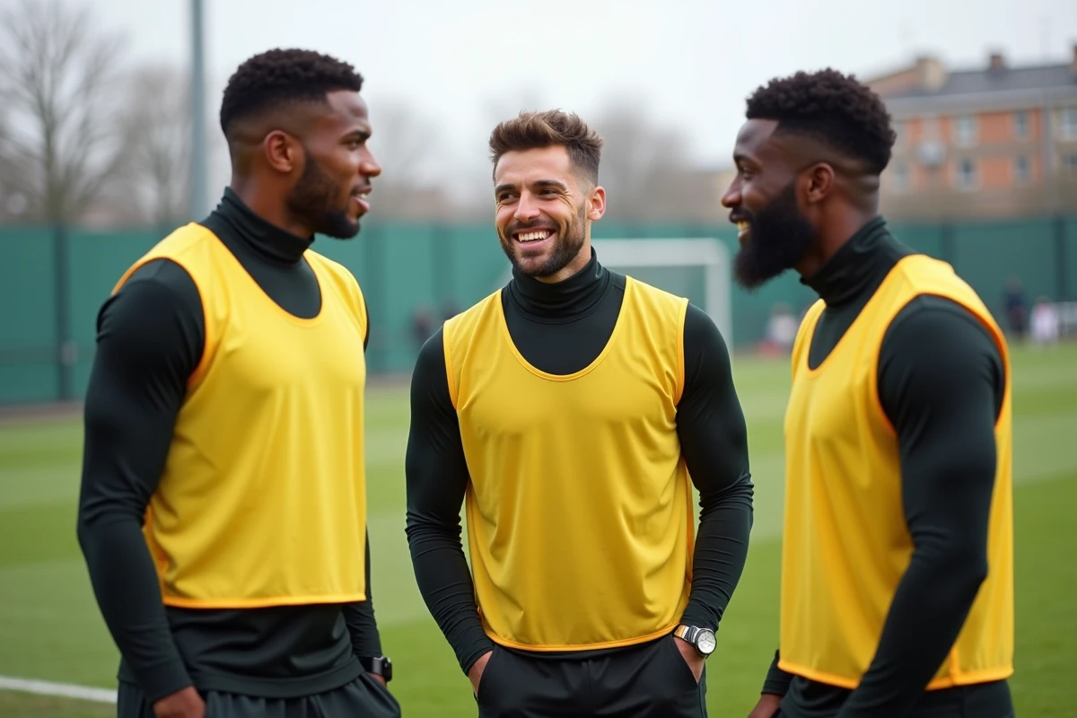 Trois joueurs du FC Nantes en gilets d'entraînement jaunes discutant en bord de terrain, illustrant les incertitudes liées aux transferts de l'effectif en 2026