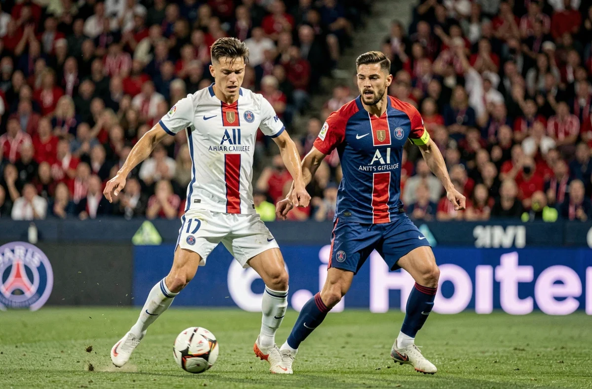 Deux joueurs du PSG en duel lors d'un match au Parc des Princes devant des tribunes combles, saison 2025-2026