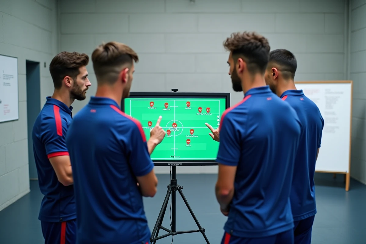 Joueurs du PSG en réunion tactique autour d'un écran de composition avant la rencontre du soir